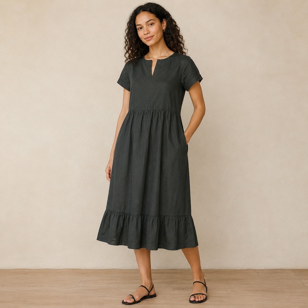 Pact XS Women Canopy Linen Blend Notch Neck Dress Organic Cotton Midi Black